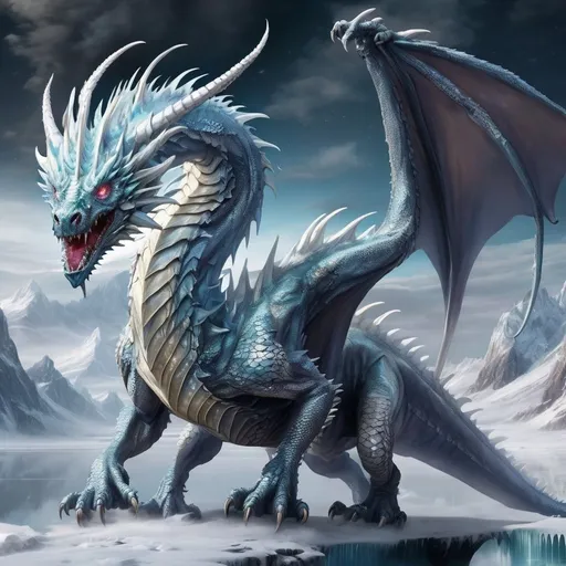 Prompt: <mymodel>, ((A Detailed Metallic White Frost Dragon)), with glamourous sparkling White and Ice Blue gems over its body, Diamond Eyes in Cosmic rays while roaring to Patrol its domain over a Frozen Lake, Snow Storm Mountains, in the sun, intricate details, perfect lighting, hyperdetailed, Frozen Frost breath, Epic cinematic brilliant stunning intricate meticulously detailed dramatic atmospheric maximalist digital matte painting masterpiece sinister ominous macabre fearsome imposing monstrous Galactic Aroura Borealis nebula neuron Seismic waves Oort Cloud Celestial Demonic terrifying