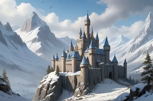 Prompt: a hyper-detailed, widescreen image of the Kingdom of House Drakar. The scene is set in a cold, snowy landscape, where the kingdom is built into the side of a towering mountain, located at the base of a vast, snow-covered mountain range. At the center of the kingdom stands a massive stone castle, reminiscent of Winterfell but much larger, with towering walls, spires, and battlements. The castle and surrounding buildings blend seamlessly into the rugged, rocky terrain, with layers of snow covering the rooftops and ground. The atmosphere should evoke a sense of cold majesty, isolation, and strength, with the kingdom exuding power and resilience in the harsh, wintry environment. The castle should appear weathered and ancient, with thick stone walls and narrow windows. Snow drifts and icy patches are scattered throughout the scene, while the mountain range in the background adds grandeur and depth. The color palette should feature muted, wintry tones—gray stone, white snow, and subtle shades of blue—creating a chilling but awe-inspiring atmosphere