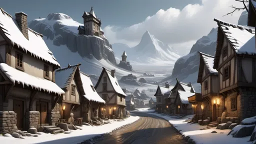 Prompt: Large settlement, Clear but Snowy, Gravel showy roads, dramatic fantasy settlement scene, cinematic lighting, Stone buildings