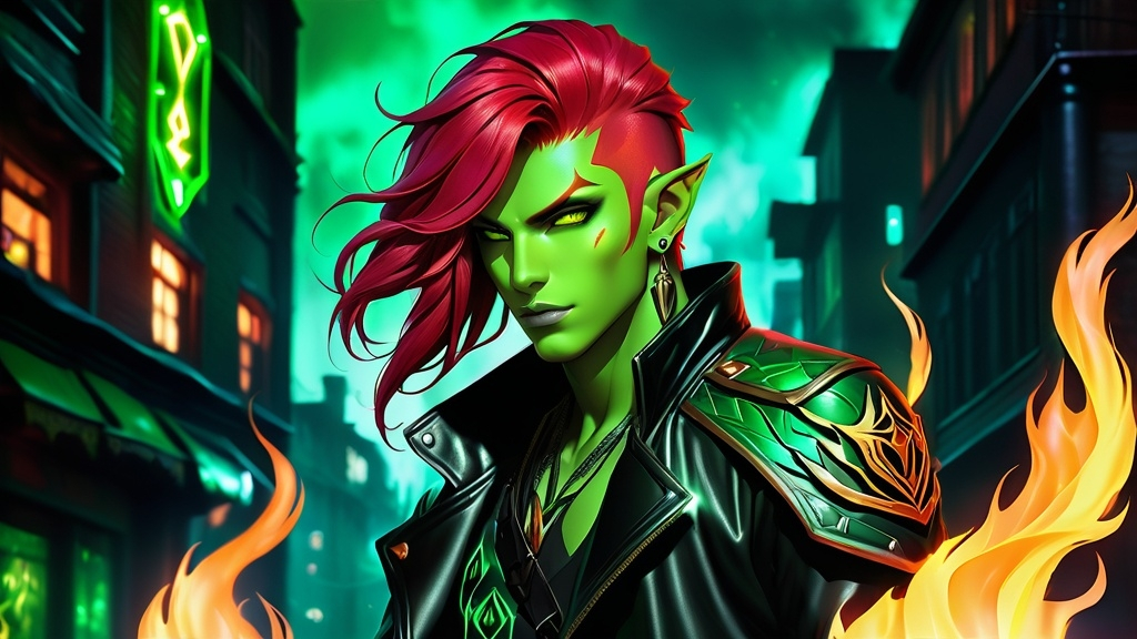 Prompt: A realistic image of Lothos 'Ember' Ni'Long, an elf with fire red hair, wearing the distinctive black leather jacket with green highlights and the emblem of the Ancients gang on the back. He has a serious demeanor and is depicted with detailed green and black glowing tattoos on his face that move and change randomly. The background is a gritty urban setting typical of the Shadowrun universe, with neon lights and a dark atmosphere. Lothos stands confidently, embodying his role as a fire mage and member of the Ancients.