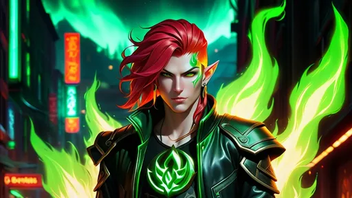 Prompt: A realistic image of Lothos 'Ember' Ni'Long, an elf with fire red hair, wearing the distinctive black leather jacket with green highlights and the emblem of the Ancients gang on the back. He has a serious demeanor and is depicted with detailed green and black glowing tattoos on his face that move and change randomly. The background is a gritty urban setting typical of the Shadowrun universe, with neon lights and a dark atmosphere. Lothos stands confidently, embodying his role as a fire mage and member of the Ancients.