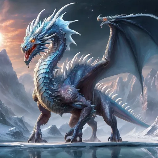 Prompt: <mymodel>, ((A Detailed Metallic White Frost Dragon)), with glamourous sparkling White and Ice Blue gems over its body, Diamond Eyes in Cosmic rays while roaring to Patrol its domain over a Frozen Lake, Snow Storm Mountains, in the sun, intricate details, perfect lighting, hyperdetailed, Frozen Frost breath, Epic cinematic brilliant stunning intricate meticulously detailed dramatic atmospheric maximalist digital matte painting masterpiece sinister ominous macabre fearsome imposing monstrous Galactic Aroura Borealis nebula neuron Seismic waves Oort Cloud Celestial Demonic terrifying