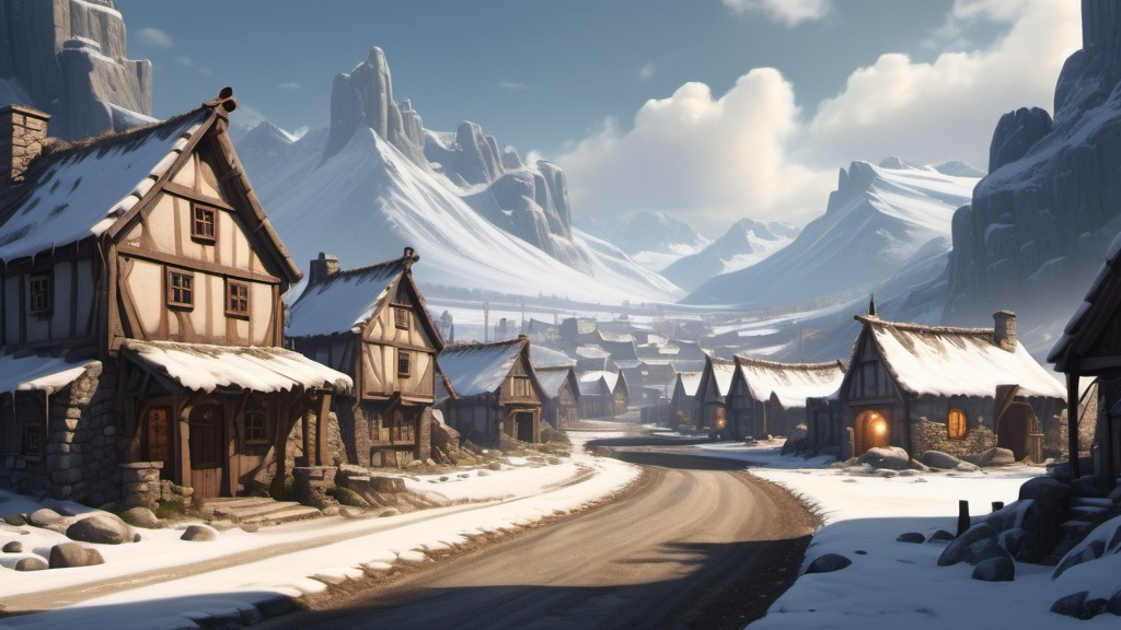 Prompt: Large settlement, Clear but Snowy, Gravel showy roads, dramatic fantasy settlement scene, cinematic lighting, Stone buildings