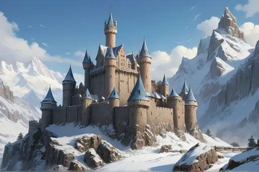 Prompt: a hyper-detailed, widescreen image of the Kingdom of House Drakar. The scene is set in a cold, snowy landscape, where the kingdom is built into the side of a towering mountain, located at the base of a vast, snow-covered mountain range. At the center of the kingdom stands a massive stone castle, reminiscent of Winterfell but much larger, with towering walls, spires, and battlements. The castle and surrounding buildings blend seamlessly into the rugged, rocky terrain, with layers of snow covering the rooftops and ground. The atmosphere should evoke a sense of cold majesty, isolation, and strength, with the kingdom exuding power and resilience in the harsh, wintry environment. The castle should appear weathered and ancient, with thick stone walls and narrow windows. Snow drifts and icy patches are scattered throughout the scene, while the mountain range in the background adds grandeur and depth. The color palette should feature muted, wintry tones—gray stone, white snow, and subtle shades of blue—creating a chilling but awe-inspiring atmosphere