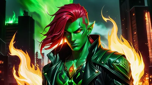 Prompt: A realistic image of Lothos 'Ember' Ni'Long, an elf with fire red hair, wearing the distinctive black leather jacket with green highlights and the emblem of the Ancients gang on the back. He has a serious demeanor and is depicted with detailed green and black glowing tattoos on his face that move and change randomly. The background is a gritty urban setting typical of the Shadowrun universe, with neon lights and a dark atmosphere. Lothos stands confidently, embodying his role as a fire mage and member of the Ancients.