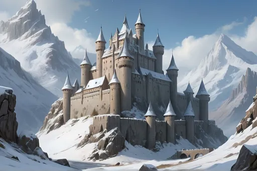 Prompt: a hyper-detailed, widescreen image of the Kingdom of House Drakar. The scene is set in a cold, snowy landscape, where the kingdom is built into the side of a towering mountain, located at the base of a vast, snow-covered mountain range. At the center of the kingdom stands a massive stone castle, reminiscent of Winterfell but much larger, with towering walls, spires, and battlements. The castle and surrounding buildings blend seamlessly into the rugged, rocky terrain, with layers of snow covering the rooftops and ground. The atmosphere should evoke a sense of cold majesty, isolation, and strength, with the kingdom exuding power and resilience in the harsh, wintry environment. The castle should appear weathered and ancient, with thick stone walls and narrow windows. Snow drifts and icy patches are scattered throughout the scene, while the mountain range in the background adds grandeur and depth. The color palette should feature muted, wintry tones—gray stone, white snow, and subtle shades of blue—creating a chilling but awe-inspiring atmosphere