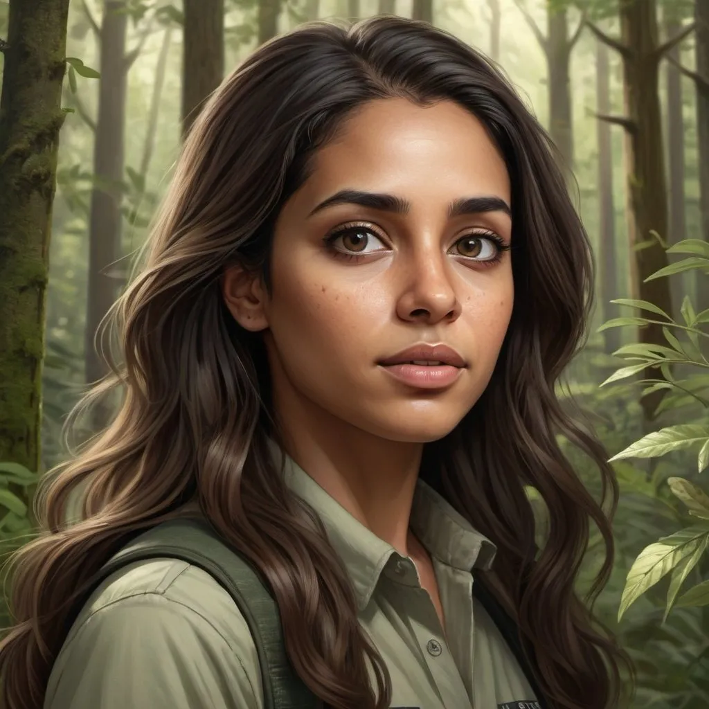 Prompt: Biologist woman with long brown hair, black eyes, forest setting, identifying species, professional, natural lighting, detailed, realistic, botanical illustration, high quality, forest, scientific, black hair, black eyes, light olive skin tone, biologist, detailed, natural lighting, 