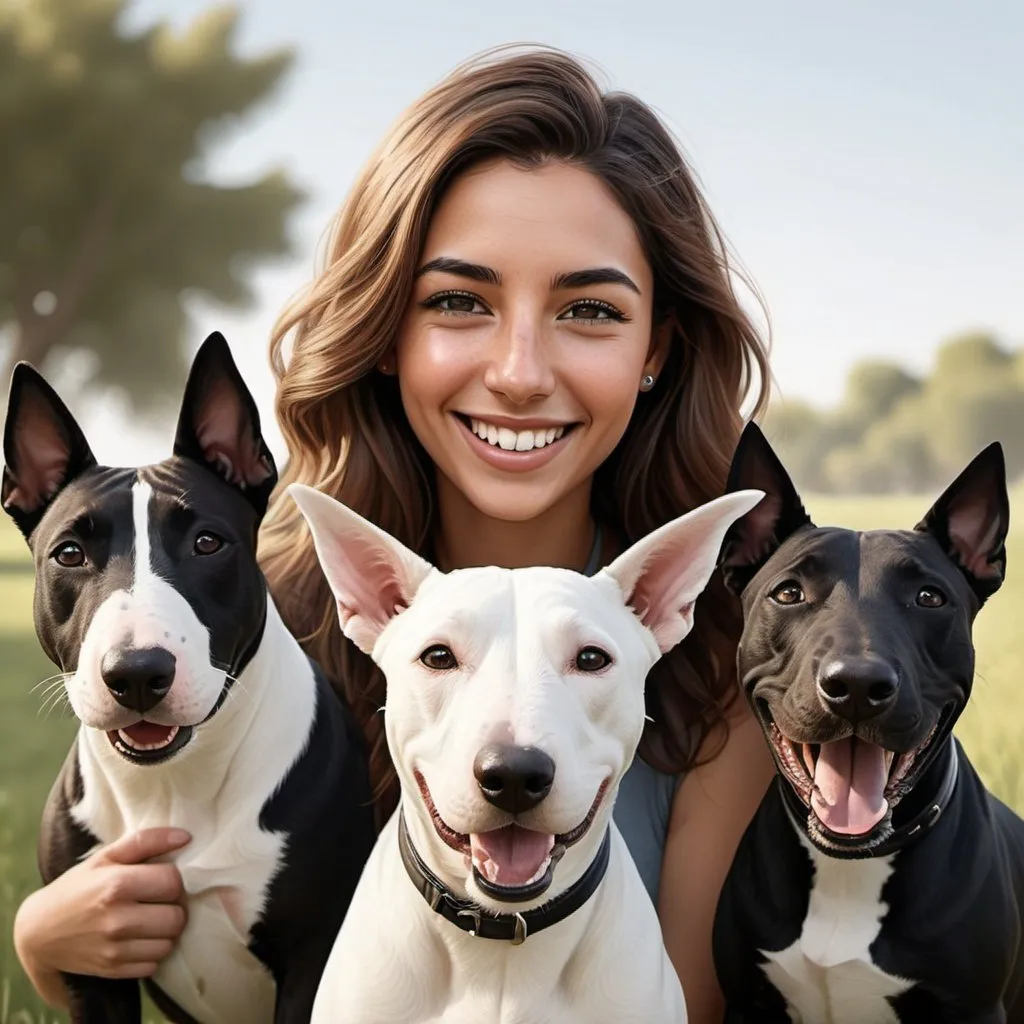 Prompt: Realistic illustration of a smiling woman with long wavy brown hair, olive skin, and black eyes, accompanied by two detailed bull terrier dogs, one white with black left ear and the other black and white, high quality, realistic, detailed, long wavy brown hair, smiling woman, black eyes, olive skin, two bull terrier dogs, white with black left ear, black and white, detailed, professional, highres, realistic style, warm tones, detailed fur, joyful atmosphere, outdoor setting, natural lighting