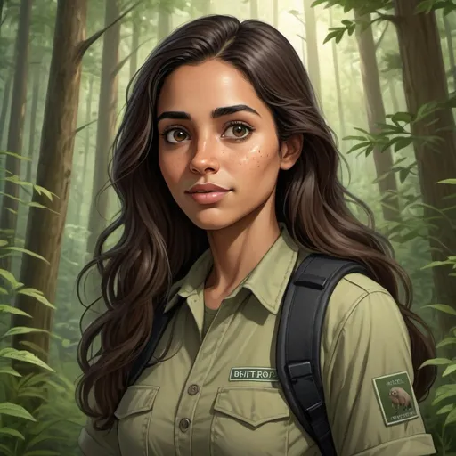 Prompt: Biologist woman with long brown hair, black eyes, forest setting, identifying species, professional, natural lighting, detailed, realistic, botanical illustration, high quality, forest, scientific, black hair, black eye color, light olive skin tone, biologist, detailed, natural lighting, cartoon themed