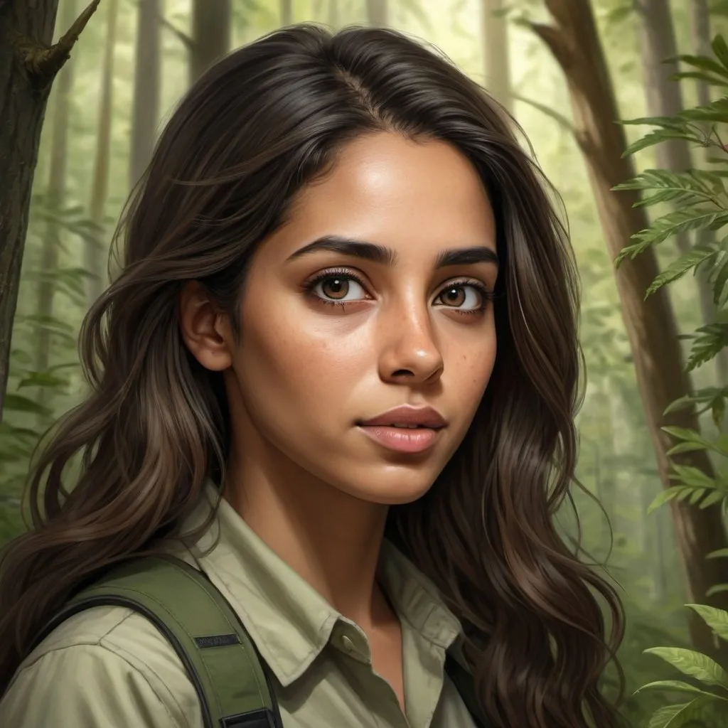 Prompt: Biologist woman with long brown hair, black eyes, forest setting, identifying species, professional, natural lighting, detailed, realistic, botanical illustration, high quality, forest, scientific, black hair, black eyes, light olive skin tone, biologist, detailed, natural lighting, 
