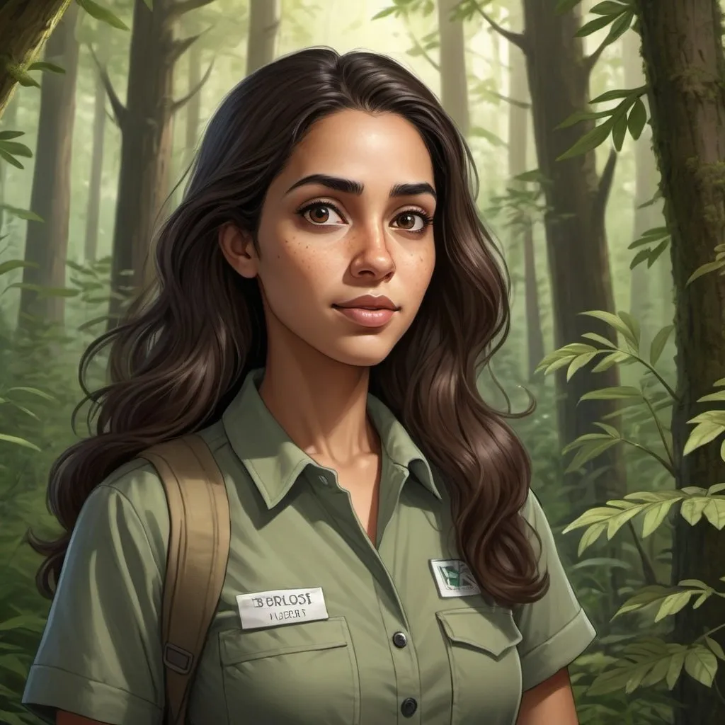 Prompt: Biologist woman with long brown hair, black eyes, forest setting, identifying species, professional, natural lighting, detailed, realistic, botanical illustration, high quality, forest, scientific, black hair, black eye color, light olive skin tone, biologist, detailed, natural lighting, cartoon themed