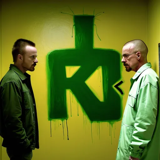 Prompt: Jesse pinkman and Walter white wearing green and painting the word “RCR” on a wall 