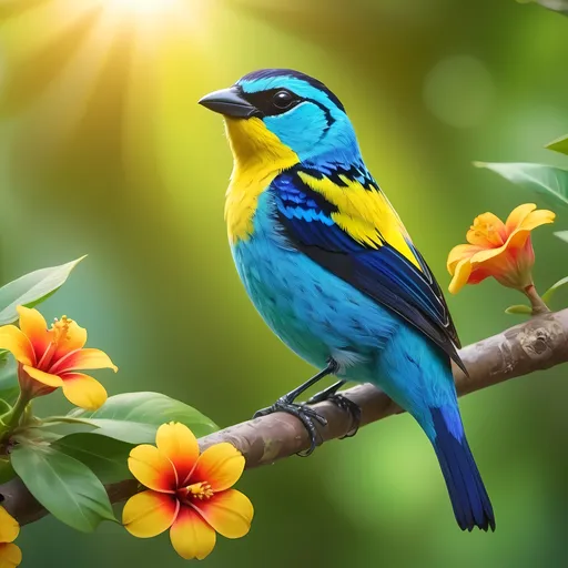 Prompt: (Turquoise Tanager), vibrant and striking colors, beautiful plumage with shades of turquoise and yellow, exotic bird perched gracefully on a lush green branch, softly blurred tropical background filled with colorful flowers, warm sunlight filtering through the leaves, vibrant atmosphere, cheerful ambiance, ultra-detailed, high quality, 4K.