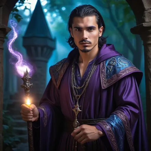 Prompt: handsome hispanic male sorcerer
