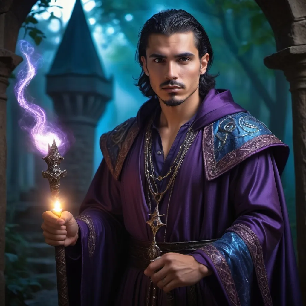 Prompt: handsome hispanic male sorcerer
