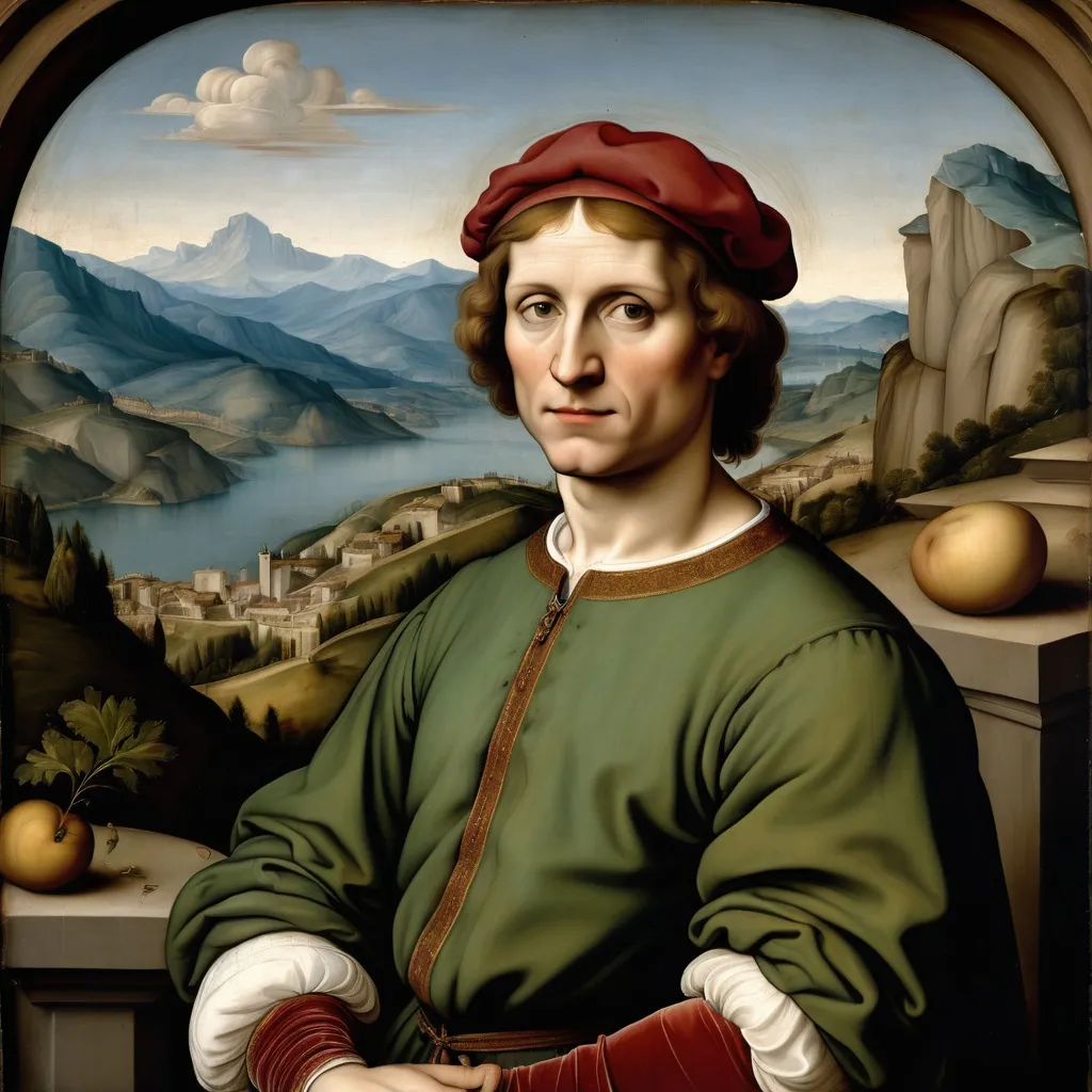 Prompt: A painted portrait of a man in the style of Italian Renaissance painter Raphael with mountains in the background