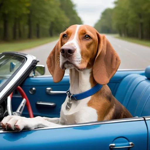 Prompt: A dog driving a car  The dog is a red tick hound, the car is a blue convertible