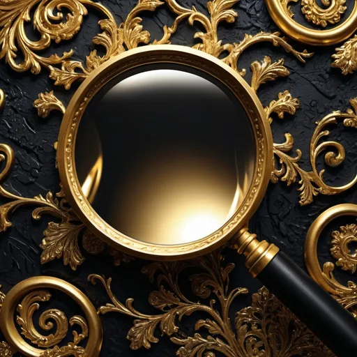 Prompt: Golden magnifying glass, (intricate details), searching for (golden) people, (black and gold) color scheme, elegant and luxurious ambiance, the surface reflecting light dramatically, richly textured background, high contrast, (vivid highlights), emphasizing the mixture of black and gold tones, ultra-detailed, captivating composition.