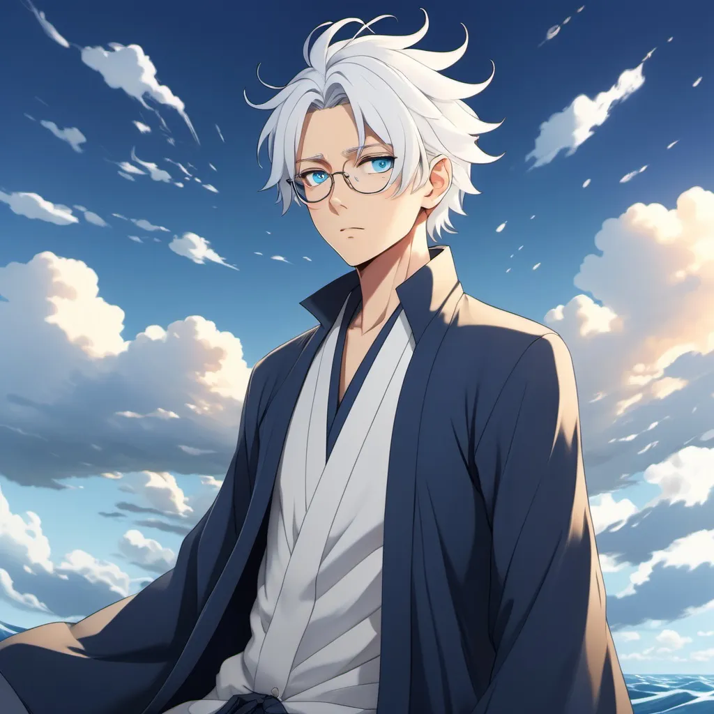 Prompt: create a anime chaaracter called satoru gojo who  has occean blue eyes white hairs fair skin and is floating in the air the weather is like golden hour of evening his whole body is floating in the air he is like in sleeping position