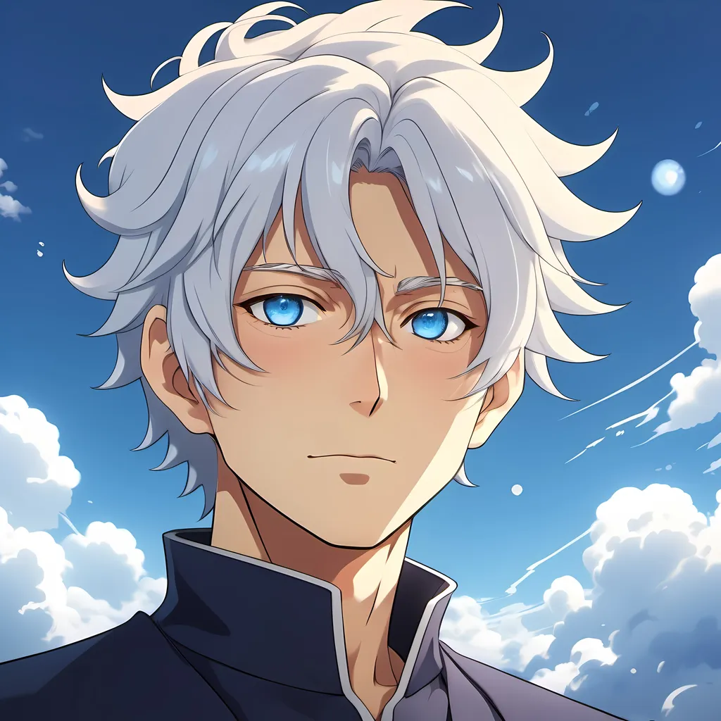 Prompt: create a anime chaaracter called satoru gojo who  has occean blue eyes white hairs fair skin and is floating in the air the weather is like golden hour of evening his whole body is floating in the air he is like in sleeping position