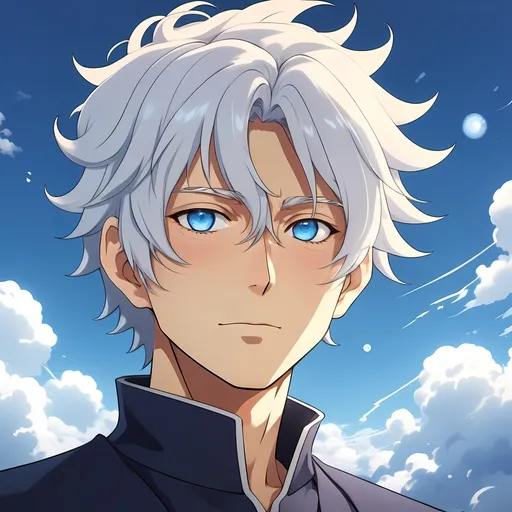 Prompt: create a anime chaaracter called satoru gojo who  has occean blue eyes white hairs fair skin and is floating in the air the weather is like golden hour of evening his whole body is floating in the air he is like in sleeping position