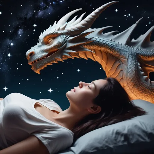 Prompt: A woman asleep gazing up at stars that are in the shape of a dragon