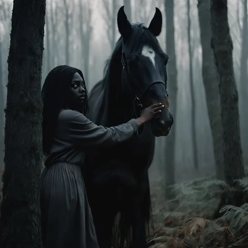 Prompt: A dark woman hiding a horse in the forest 