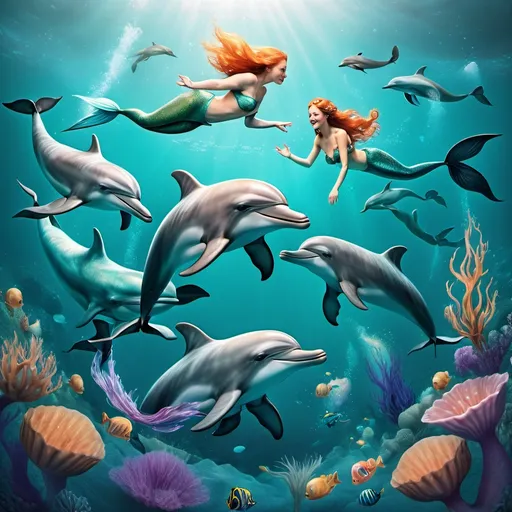 Prompt: A pod of dolphins swimming with a pod of mermaids 