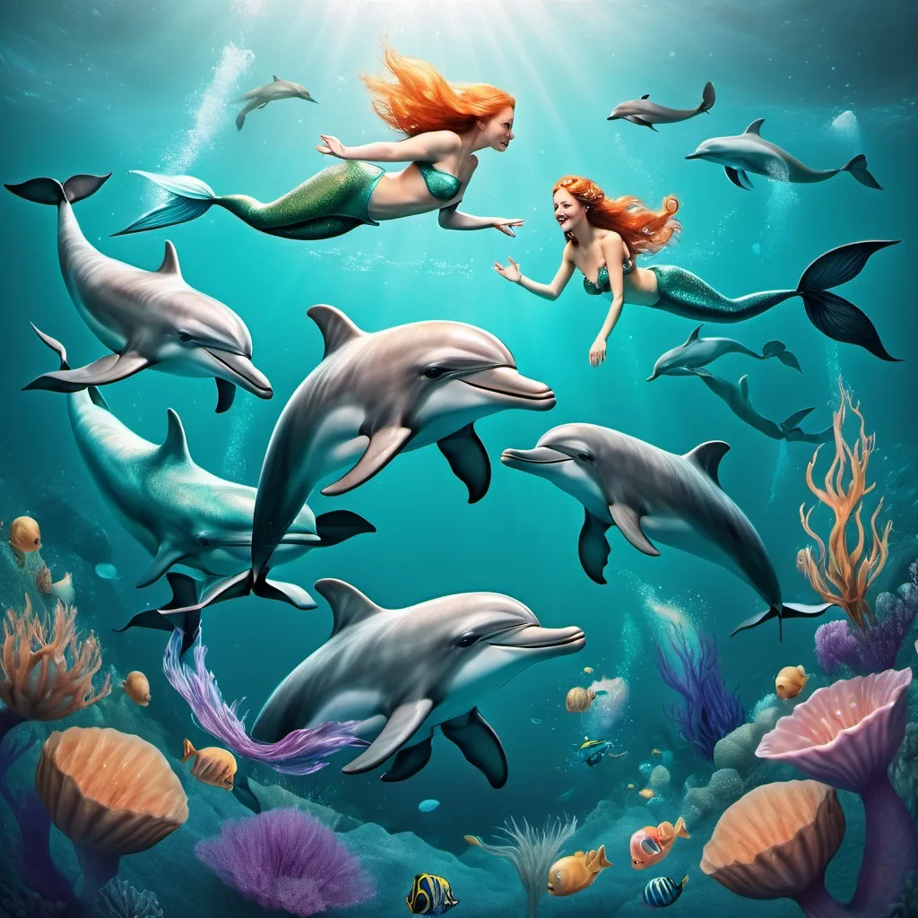 Prompt: A pod of dolphins swimming with a pod of mermaids 