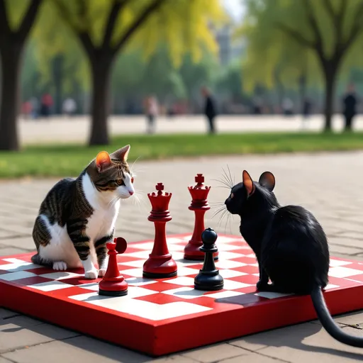 Prompt: Red and black chess. A mouse and a cat are playing. The cat is winning. In a park. 