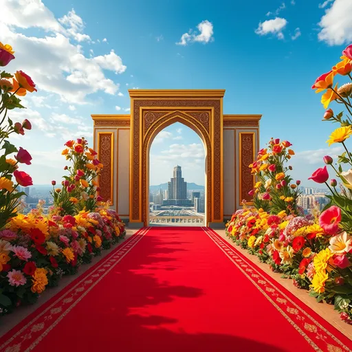 Prompt: Create an artistic image depicting the entrance door to a conference hall in Tehran. At the center of the image, there should be a short building with Iranian architecture, adorned with golden borders. This building should evoke a sense of commerce.
A long red carpet should start from the bottom of the image and extend towards the entrance door in perspective. The carpet should be designed to convey a sense of grandeur and magnificence.
Behind this building, there should be a view of the city of Tehran, situated in the depth of the field. The height of the other buildings in the city should be clearly taller than the main building.
The sky above the city should be a bright blue with scattered clouds. The text should be clearly legible and convey a sense of celebration and joy.
The left and right sides of the image should be decorated with colorful and diverse flowers such as roses, tulips, and lilies in vibrant colors like pink, red, yellow, and purple. These flowers should be arranged to create a path towards the entrance door of the conference hall along with the carpet, while adding a sense of life and freshness to the image