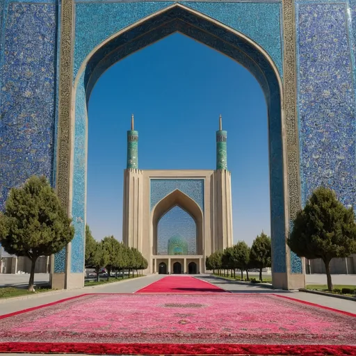 Prompt: Create an artistic image depicting the entrance door to a conference hall in Tehran. At the center of the image, there should be a short building with Iranian architecture, adorned with golden borders. This building should evoke a sense of commerce.
A long red carpet should start from the bottom of the image and extend towards the entrance door in perspective. The carpet should be designed to convey a sense of grandeur and magnificence.
Behind this building, there should be a view of the city of Tehran, situated in the depth of the field. Azadi Tower and Milad Toower.
The sky above the city should be a bright blue with scattered clouds. The text should be clearly legible and convey a sense of celebration and joy.
The left and right sides of the image should be decorated with colorful and diverse flowers such as roses, tulips, and lilies in vibrant colors like pink, red, yellow, and purple. These flowers should be arranged to create a path towards the entrance door of the conference hall along with the carpet, while adding a sense of life and freshness to the image