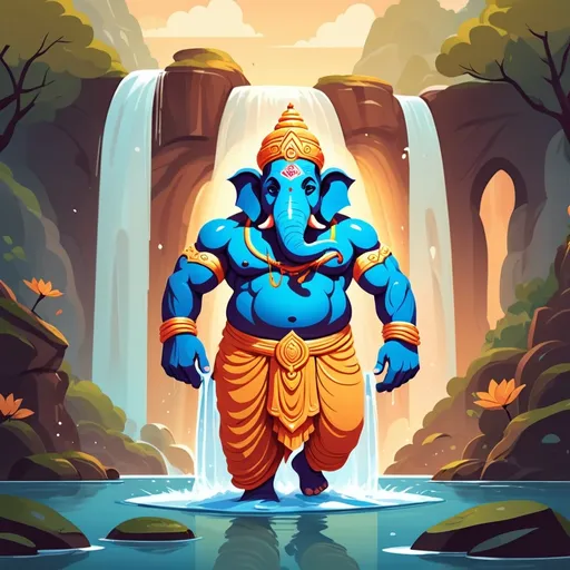 Prompt: illustrations for a book-cover,flat design,simple shapes,vector,colorful,2D,cute cartoon characters,muscular lord ganesha ,hyper-realistic muscular lord ganesha walking out of water with beautiful waterfall scenery  in background fantasy character art, illustration, dnd, warm tone