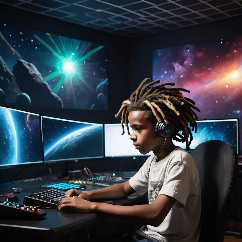 Prompt: A boy with dreadlock working in a game studio with a stunning space background 