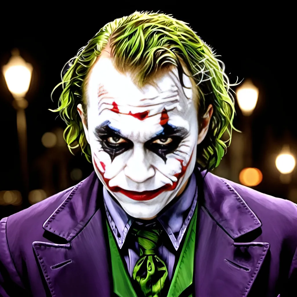 Prompt: potrait of heath ledger as joker in gotham city, night light, 