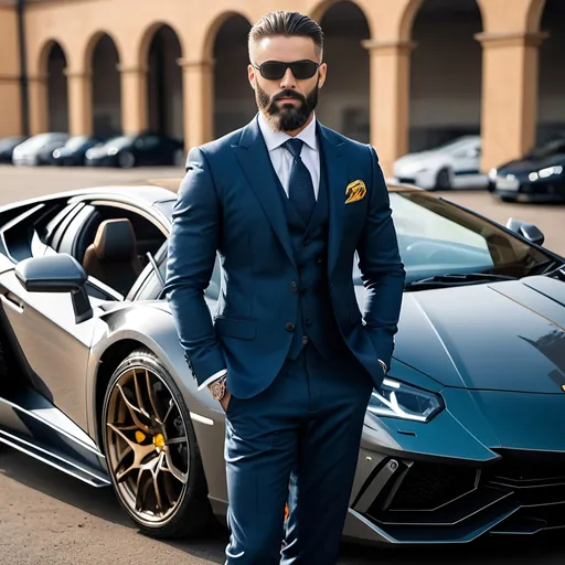 Prompt: potrait of a man, luxury suit, formal attire, standing beside his lambo, proper beard and jawline, wearing goggles, handsome, smart, alpha, 10/10 physique