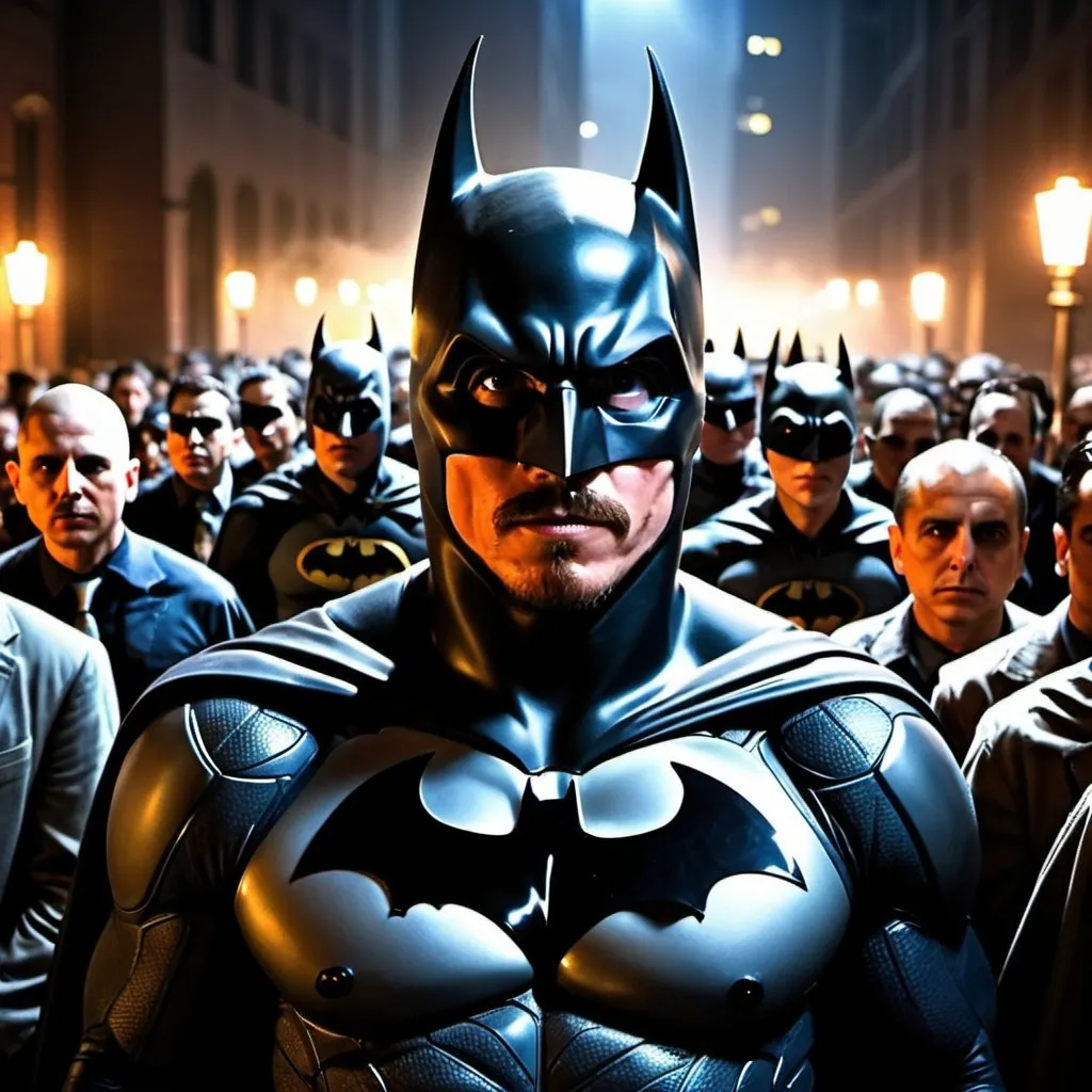 Prompt: potrait of christian bale as batman in gotham city, night light, standing against a gang of jokers