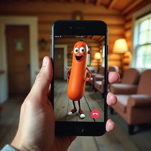 Prompt: In a whimsical scene captured on a smartphone screen, a cartoonish character resembling a tall, elongated hotdog stands cheerfully during a video call. The character features large, expressive eyes and a broad smile, exuding an air of playfulness. In the background, a cozy environment reminiscent of a cabin is visible, with wooden beams and chairs adding warmth to the setting. A human hand reaches towards the screen, creating a personable interaction between the digital and real worlds. The color palette is vibrant, highlighting the bright hues of the character against the subdued, earthy tones of the background, contributing to the lighthearted mood of the image.