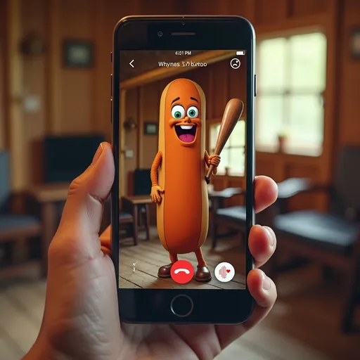 Prompt: In a whimsical scene captured on a smartphone screen, a cartoonish character resembling a tall, elongated hotdog stands cheerfully during a video call. The character features large, expressive eyes and a broad smile, a baseball bat, exuding an air of playfulness. In the background, a cozy environment reminiscent of a cabin is visible, with wooden beams and chairs adding warmth to the setting. A human hand reaches towards the screen, creating a personable interaction between the digital and real worlds. The color palette is vibrant, highlighting the bright hues of the character against the subdued, earthy tones of the background, contributing to the lighthearted mood of the image.