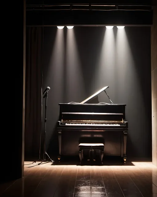 Prompt: piano sur scène vide, sous une douche de lumière, microphone à coté dans l'ombre, microphone sur scène