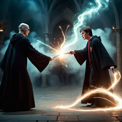 Prompt: create an image of harry potter and Voldemort. They are fighting like enemy
