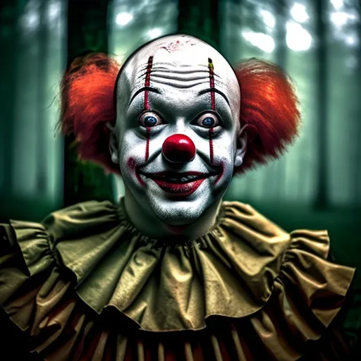 Prompt: creepy photo in the woods
of a person clown bloody
