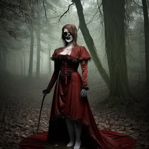 Prompt: creepy photo in the woods
of a costume  bloody killing a person tide up
