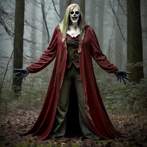 Prompt: scary creepy photo in the woods
of a costume  bloody killing a person tide up
