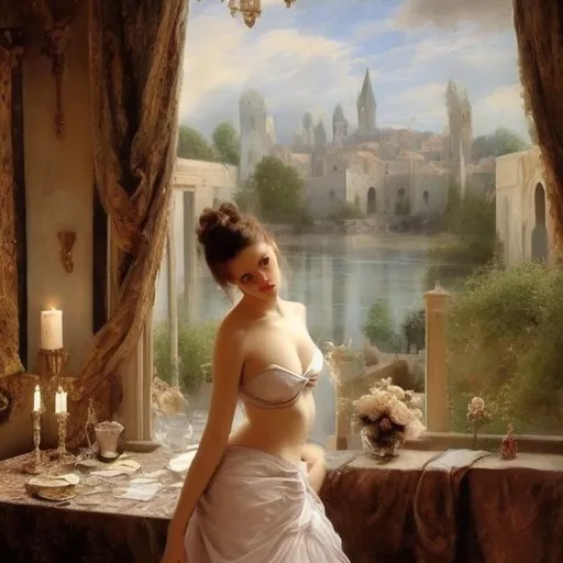 Prompt: A romantic art of this model in beautiful background