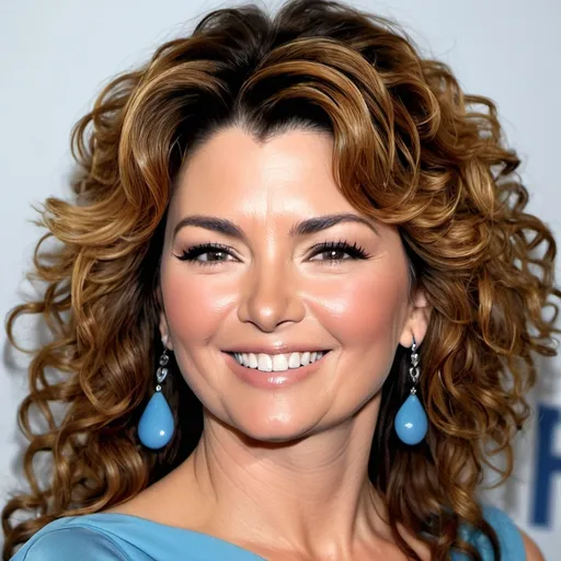 Prompt: Shania Twain with curly hair and a blue dress smiling at the camera with a smile on her face and a blue shirt on, Shania Twain, plasticien, profile picture, a pastel