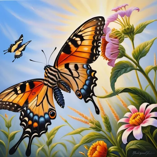 Prompt: Beautiful Tiger Swallow butterfly feeding on a flower, oil painting, vibrant colors, intricate details, high quality, realistic, nature, colorful, delicate wings, floral setting, soft lighting, peaceful ambiance