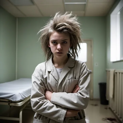 Prompt: a teenage girl wearing a straightjacket in a mental clinic. dirty room. wild hair.