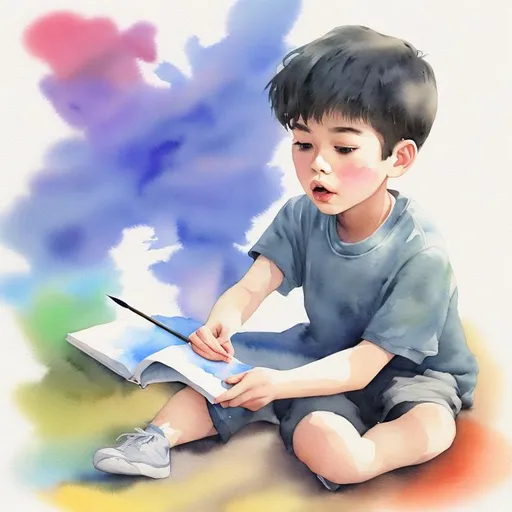 Prompt: Boy playing watercolor illustration