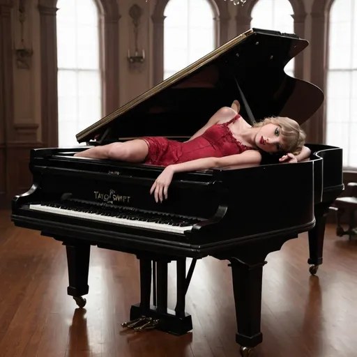 Prompt: a gothic Taylor Swift laying on a baby grand piano